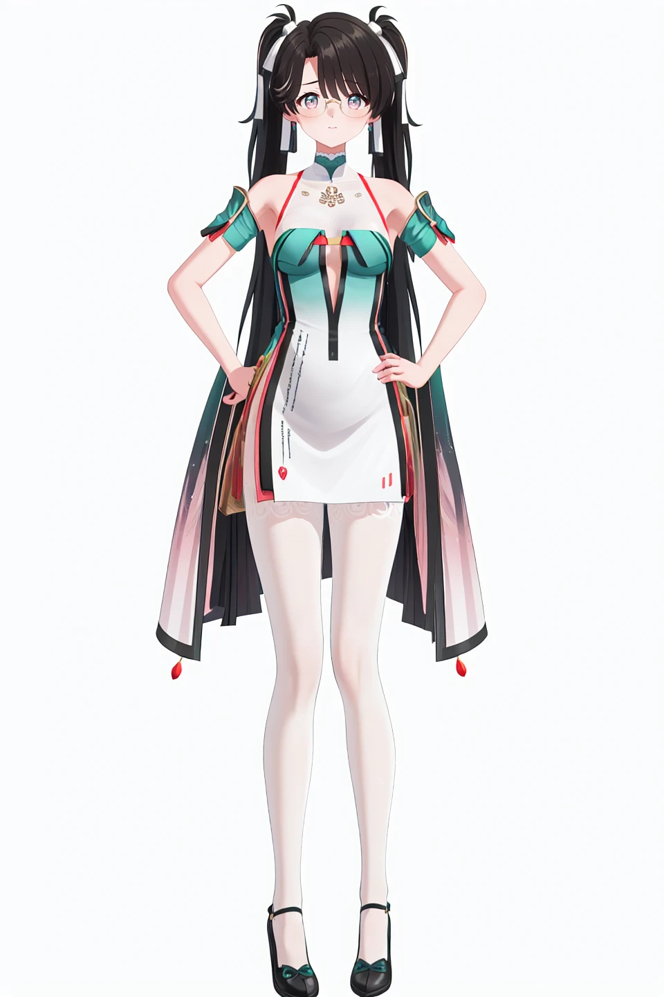 8k, best quality, masterpiece, (ultra-detailed), (white background,simple background), solo, (hands on hip:1.1), (full body:1.1), looking at viewer,
<lora:zhezhi-sd-Tanger:0.8>, zhezhi, default clothes, white pantyhose, 1girl, long hair, black hair, glasses, twintails, dress, black footwear,