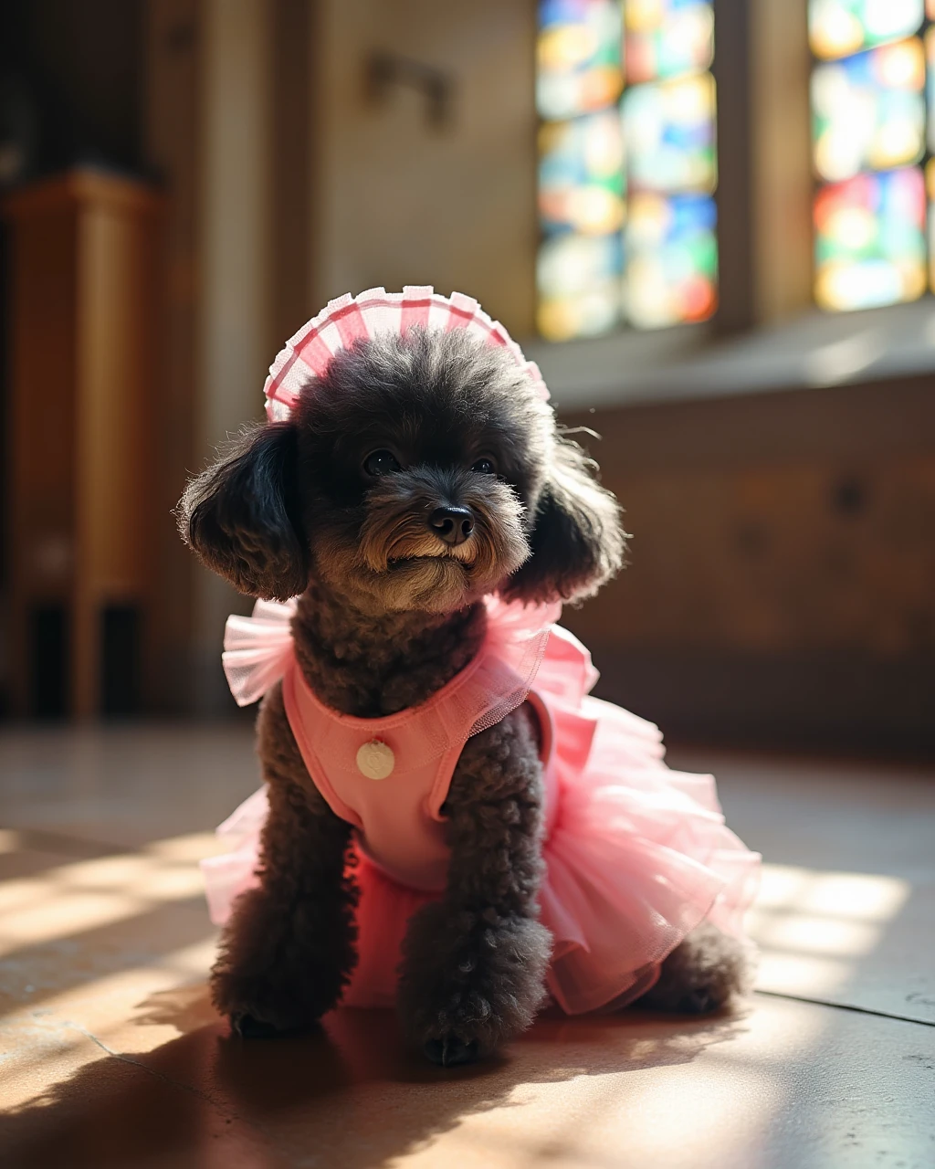 Dousa, a small black poodle, wearing a pink maid outfit and a maid cap. Sitting on the floor in a gothic castle. Sunlight streams through mosaic glass windows, casting colorful patterns on the floor.