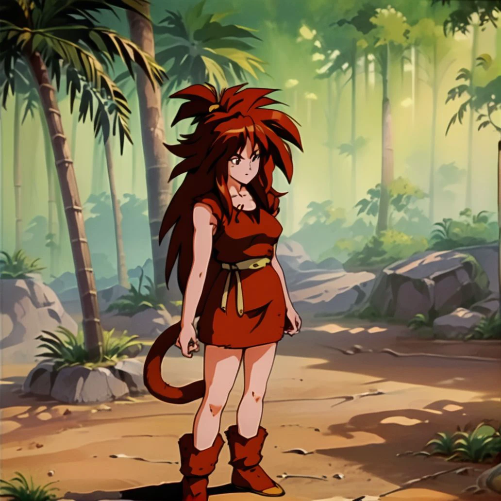 score_9, score_8_up, score_7_up, score_6_up, D-ART, D-ART Style, <lora:Saiyaness_r1:0.8> saiyaness, monkey tail, 1girl, solo, big hair, spiked hair, tied hair, long hair, cave pelt,  tail, sunshine, bamboo forest, palm tree forest, standing in Chinese bamboo forest, looking around