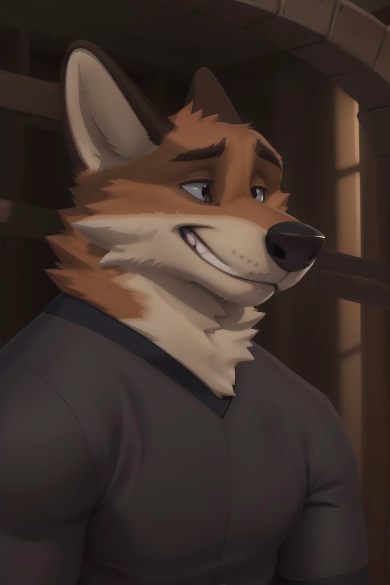 edgarfox, solo, realistic, anthropomorphic, smirk, naughty face, muscular body, furry tail shown, (by personalami:0.5), zaush, (soft shading), 4k, hi res, 8k, detailed eyes, 8k eyes, eyes focus, handsome, in prison cell, prison bars, gray prison uniform, detailed_background, full view, view, fully body shown