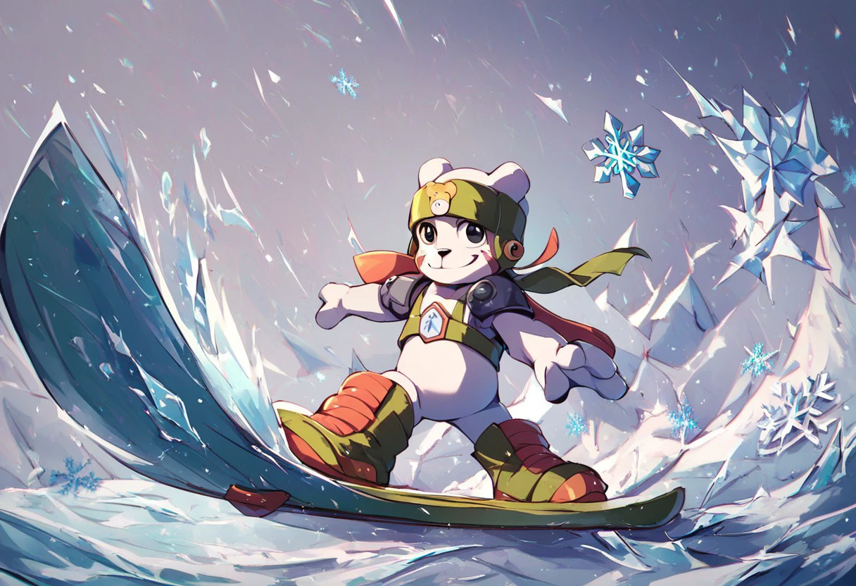 chackmon (character), digimon (creature), bear boy, black eyes, headgear, boots, armor, 1boy, solo, standing, score_9, score_8, score_7_up, score_6_up, snowboard, snowboarding, ice, snowflake, smile