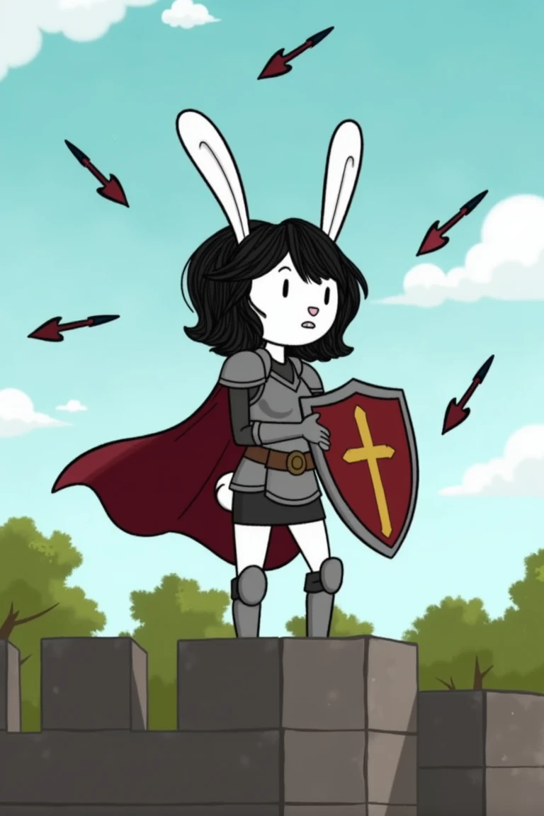 a cartoon rabbit woman with black hair, white skin, wearing medieval armor and holding a shield, standing atop a castle wall, as arrows fall from the sky all around her, intense expression