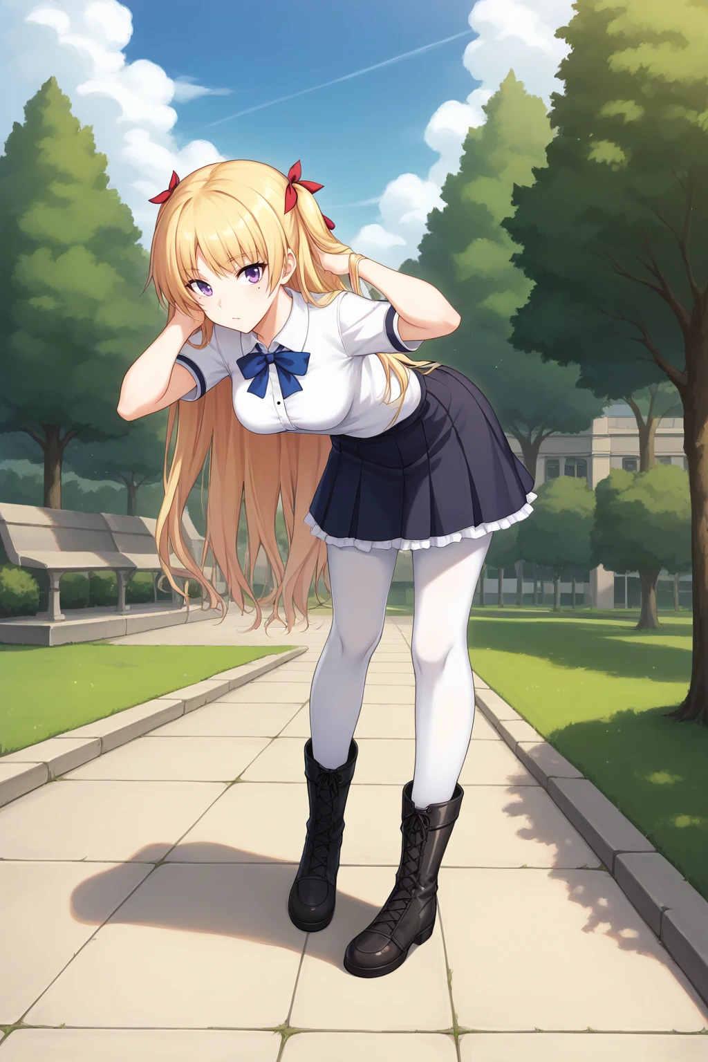 score_9, score_8_up, score_7_up, source_anime, 1girl, prefect lighting, very aesthetic, intricate details, highly detailed background, masterpiece, high quality, prefect hands, best quality, solo,
<lora:Majikoi_Chris_V2:.85>, KJOchris, blonde hair, purple eyes, hair bow, long hair, mole under eye, two side up, 
school uniform, black skirt, white pantyhose, black boots, short sleeves,
leaning forward, adjusting hair,
sunny, park, sidewalk, stone floor, grass, tree, cloudy sky,
(Beautiful, medium Breasts:1.2), natural breasts,