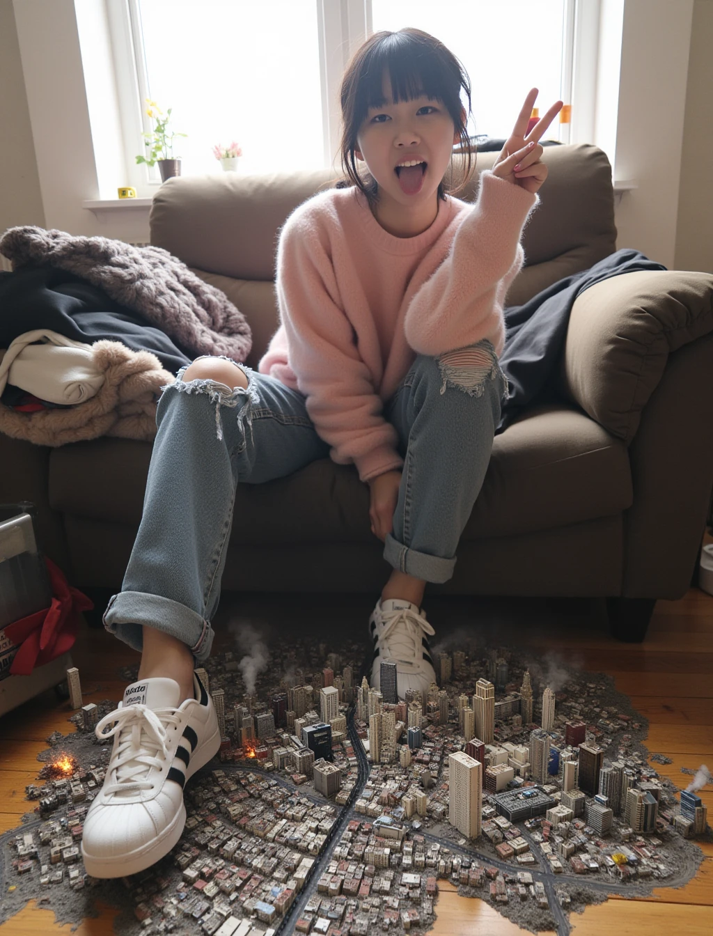 A young Asian woman with choppy hair sitting on her sofa in messy student apartment. The sun is shining through a window. She's wearing wearing a cozy pink sweater, ripped jeans and Adidas sneakers. She has both of her feet on the floor. On the floor is a sprawling metropolis full of skyscrapers. The woman is sticking out her tongue and doing the v-sign with one hand. In the city several of the buildings are destroyed or on fire. Next to the woman's shoes there is a lot of rubble on the ground and smoke coming from the city. There are fiery explosions going on in the city next to the woman's shoes.