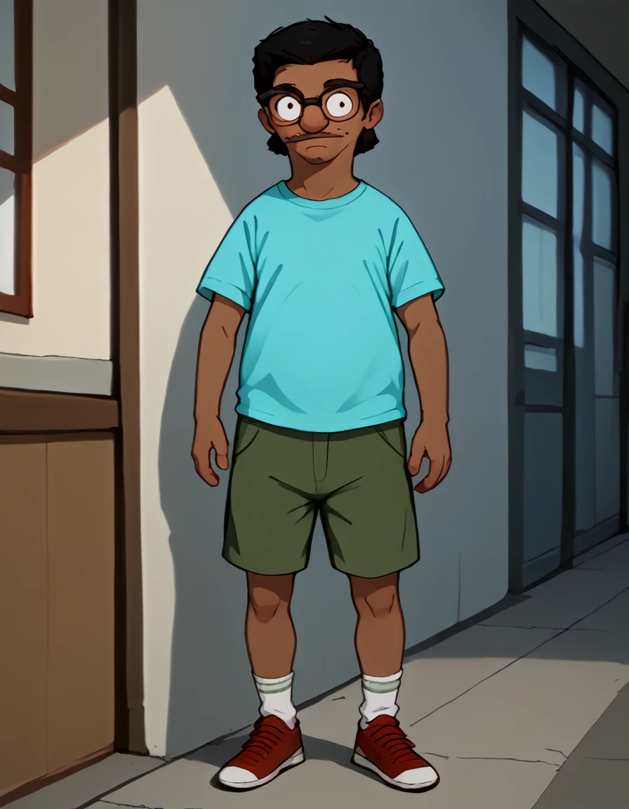 <lora:Future_Darryl:1> 1boy, dark-skinned male, black hair, glasses, browline glasses, facial hair, mustache, teal shirt, green shorts, socks, red sneakers,, source_cartoon, score_9, score_8_up, score_7_up,