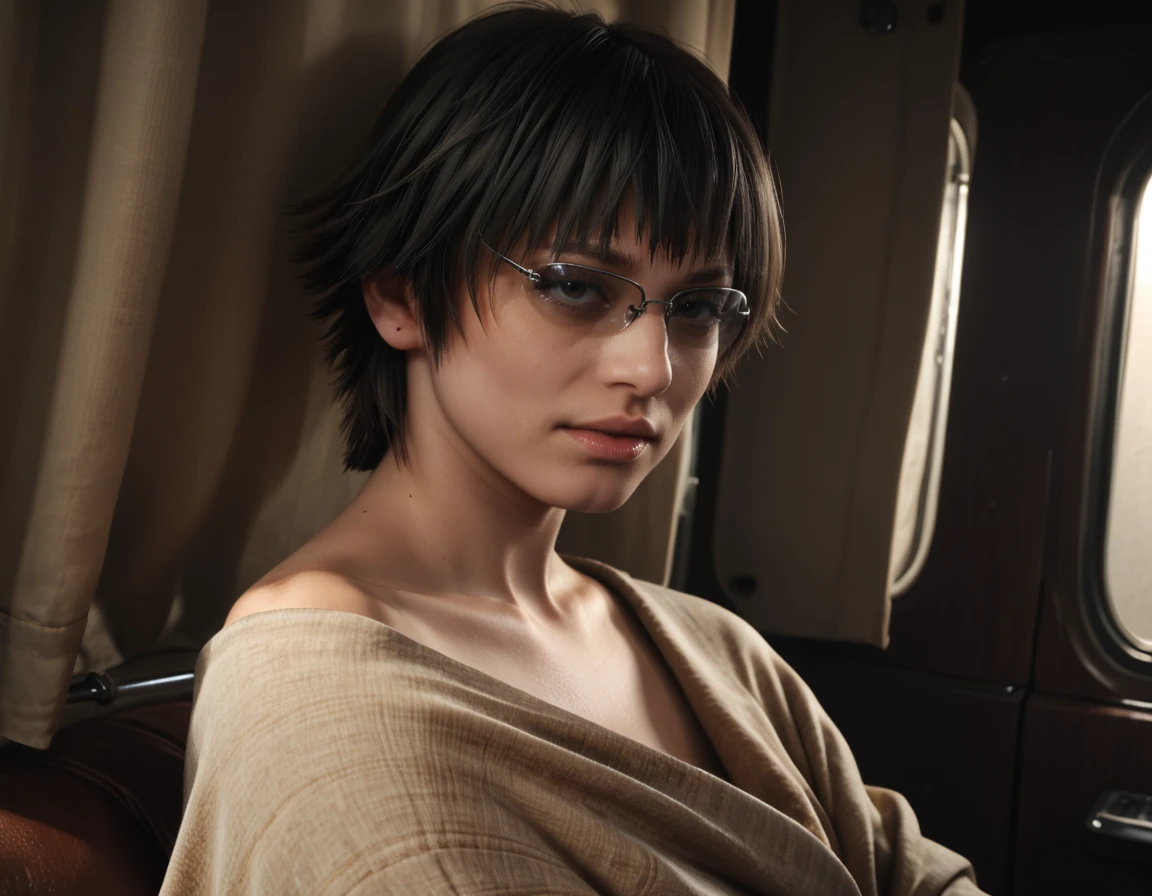 detailed realistic photo, score_9, score_8_up, score_7_up, score_6_up, score_5_up, score_4_up, <lora:LadyDMC5Screens_t3-000013-128:1.0> 1girl, DMCLady, short black hair, heterochromia, wearing a blanket, sunglasses, close-up, dynamic angle, nude, from below, from side
, in a van, darkness, moody lighting, at night, backlit, rim lighting