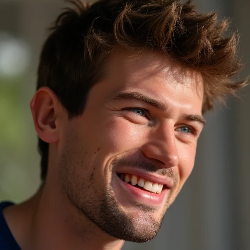 victor, male, smile, teeth, looking to the side, facial hair