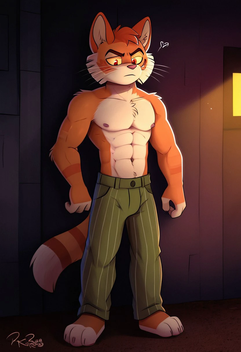 Calvin [Lackadaisy], Calvin Mcmurray [Lackadaisy], 1920s style clothing, orange cat, orange fur, striped pattern, striped, white accents. (male anthro cat:1.3).
Solo, alone, by himself, 1boy, male.
clothing, clothed, dressed, no_shirt, shirtless, mid waisted slacks, grey mid waisted slacks, mid waisted dress pants, grey mid waisted dress pants,
thin, skinny body, skinny, thin body, twink, twink body, twunk body, skinny, (muscle:1.77), (skinny body:1.5), (orange body:1.1).
HD, digital painting, digital art, masterpiece.
standing up, standing,  standing on tiled floor.
closed mouth, annoyed emotion.
outside, town, 1920s, wall, {outside:1.4}.
HD, digital painting, digital art, masterpiece ((fullbody portrait)), digital drawing (artwork), digital media (artwork), hi res, (furry art, uploaded on e621:1.1), best quality, highly detailed, intricate details, extremely detailed, perfect hands, negative_hand, pache riggs[STYLE], mandy mandyfoxy[STYLE], mandyfoxy[Style], Art by mandyfoxy[Style], furry, furry art, cartoon like,