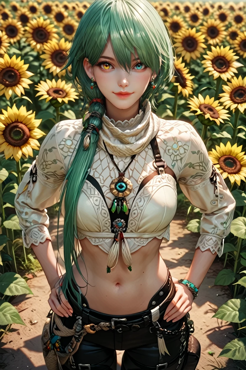 score_9, score_8_up, score_7_up, score_6_up
<lora:LAShana:1.0>
LAShana, 1girl, green hair, heterochromia, looking at viewer, surrounded by sunflowers in a bright field, smiling, with hands on hips