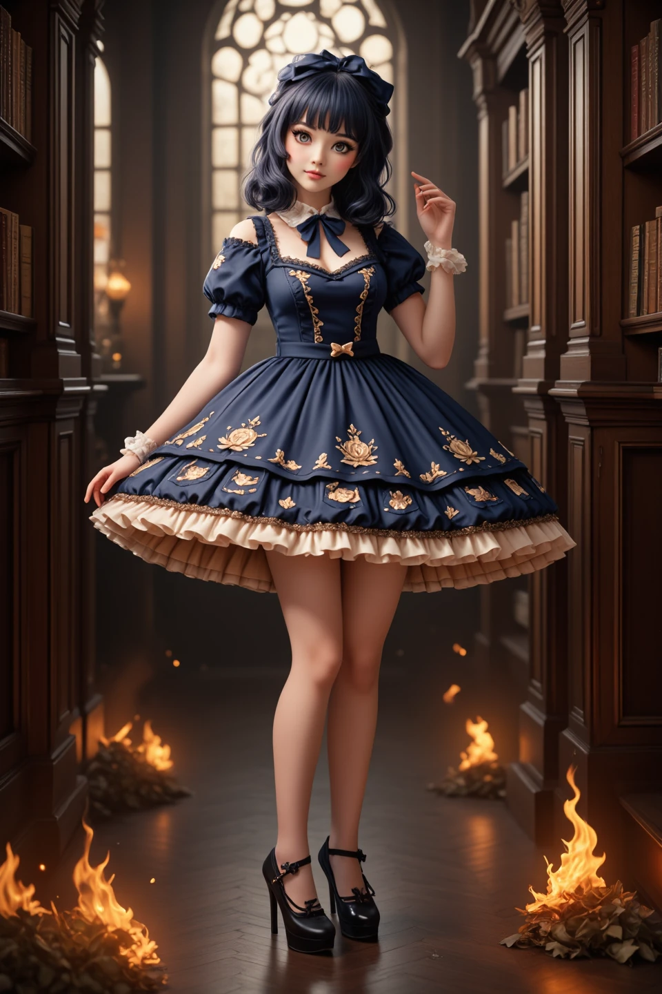 anime (full body) image of a cute girl, (dynamic pose:1.2) wearing a dark blue and bronze sweetegl dress with a (very full short skirt with fluffy petticoat underneath) and (extremely tight bodice corset) wearing (pretty cute heels) (gazing around) a massive fantasy library lit by magical flames, soft mystical lighting  <lora:SweetLolitaFlux:0.8>