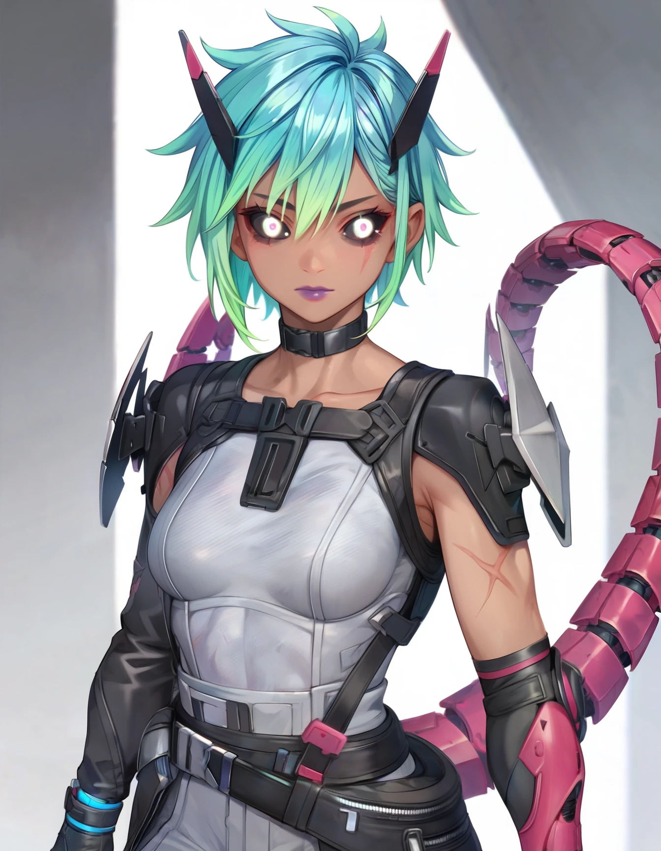 score_9,score_8_up,score_7_up,score_6_up,1girl,solo,dark background,black choker,white glowing eyes,scar on arm,colored sclera,black sclera,purple lips,elbow gloves,black belt,black jacket,gray jacket,aqua hair,gradient hair,green hair,multicolored hair,short hair,two-tone hair,black footwear,black pants,grey pants,dark skin,mechanical tail,upper body,medium breasts,    <lora:MyTrainings\Temp\Alter_Original_XL_Pony_ARZUMATA.safetensors:0.6>