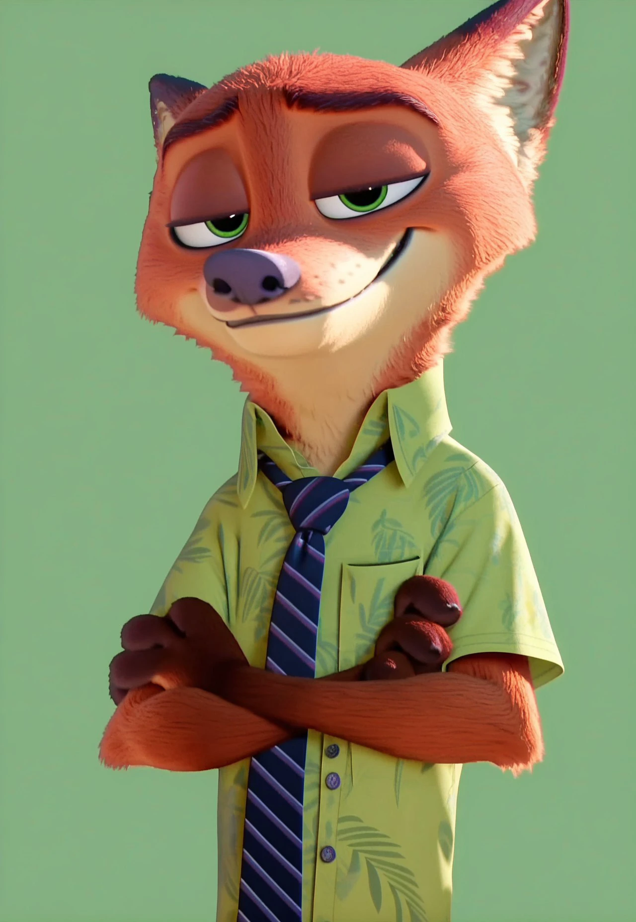 score_9, score_8_up, score_7_up, score_6_up, screencap, 4k, highly detailed, green background, NickWilde, Green Eyes, Green Hawaiian Shirt, Tie, Tan Khaki Pants, crossed arms, male, anthro, smug, looking at viewer