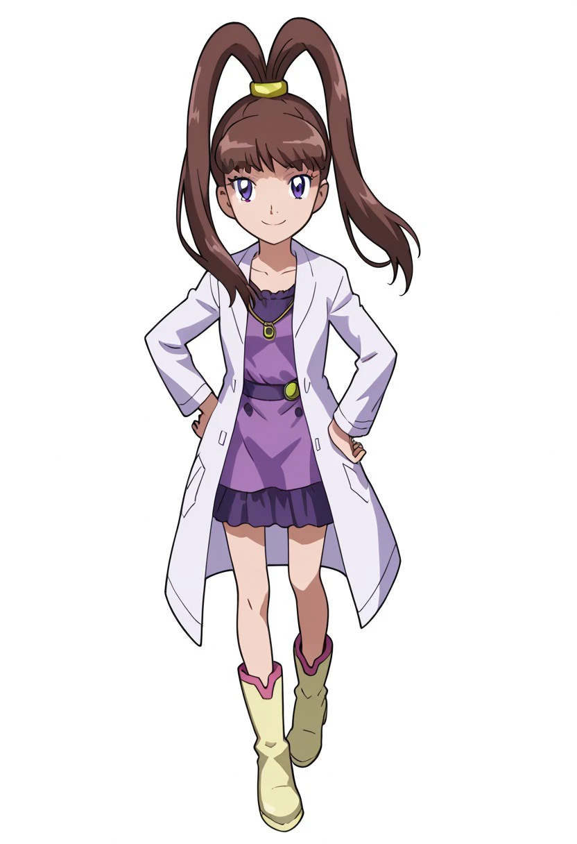 score 9, score 8 up, score 7 up, digimon xros wars, nene amano, 1girl, solo, brown hair, labcoat, split ponytail, boots, full body, high ponytail, white background, simple background, long hair, dress, hand on hip, standing, ponytail, purple eyes, smile, looking at viewer