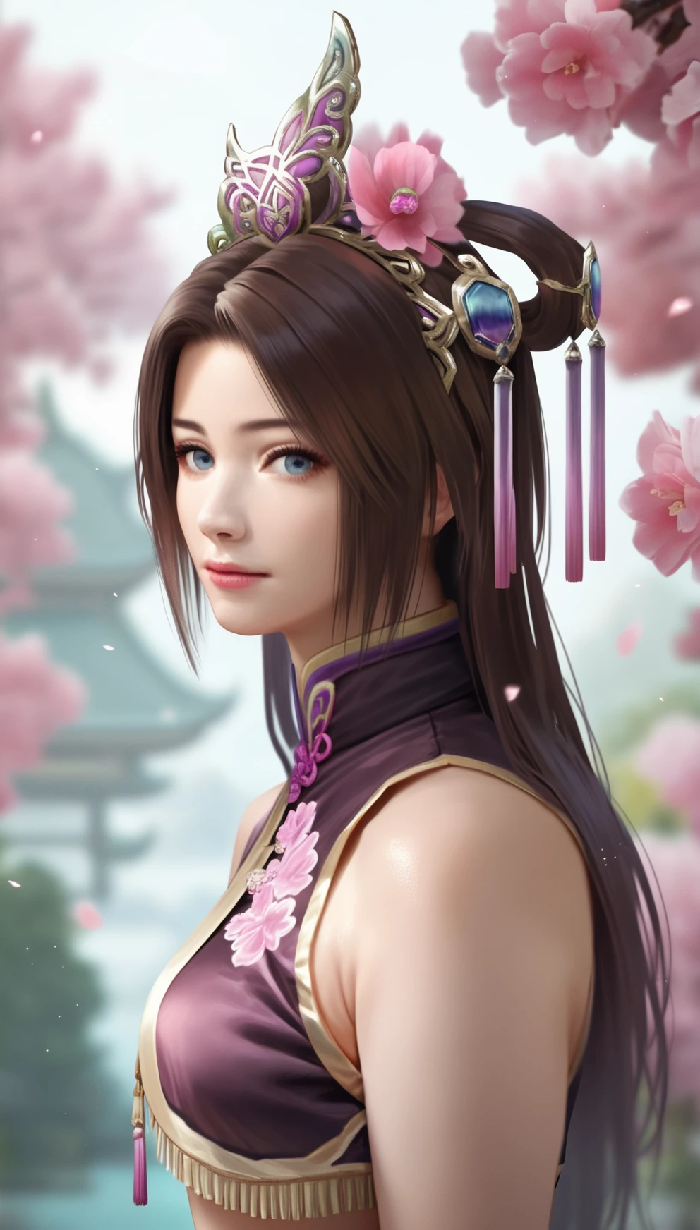 score_9,score_8_up,score_7_up,
<lora:diaochan:0.9>,
diaochan,
highres,photorealism,bloom, 
1girl,solo,brown hair,long hair,bangs,
blue eyes,looking at viewer,
purple ornate headdress with intricate designs and a gemstone centerpiece,purple tassel,
purple top with gold embellishments and tassel,
portrait,left view,
blurry background,outdoors,peach blossom,light particles,