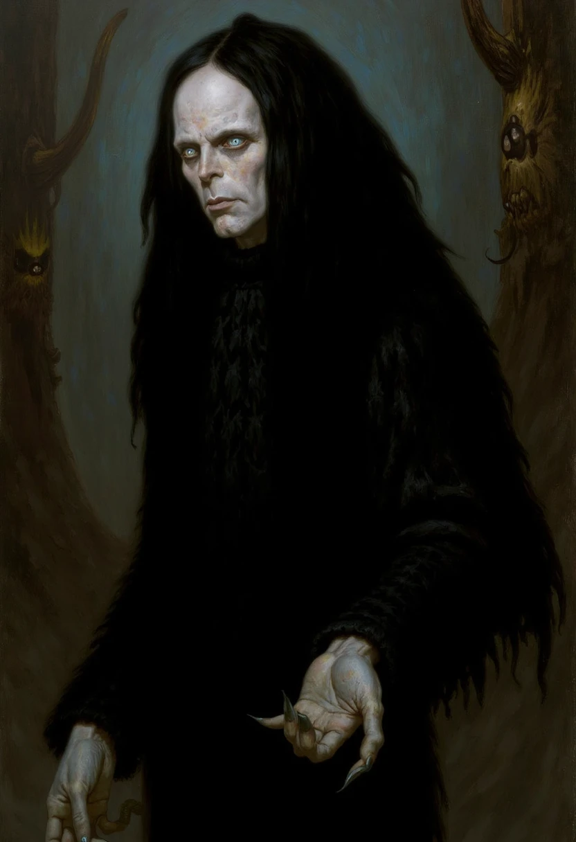 A closeup view of an atmospheric and powerful dark fantasy, natural organic and impressionist classical-style painting of a mysterious and alluring figure known as a monster girl who is standing in a dark and ominous forest at night her body is covered in long flowing black hair that cascades down her back like a river of snow her eyes are a deep blue and her face is pale and pale with a small round nose and mouth that seems to be made of dirt her hands are bare and covered in black fur which adds to her mysterious appearance sense of une