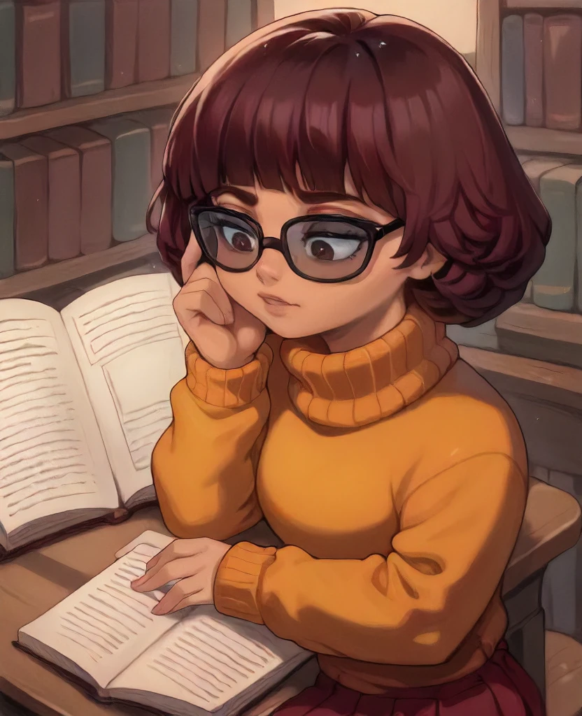 score_9, score_8_up, score_7_up, 1girl, ScoobVelma, reading book, hand on glasses, turtleneck sweater, pleated skirt, sitting at desk, (furrowed brow:1.2), (squinting eyes:1.2), library, detailed background