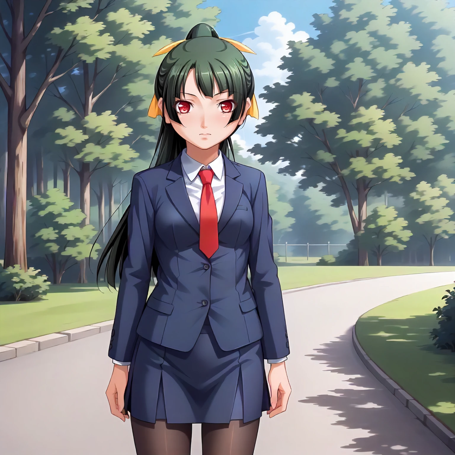 <lora:SDG_KeikoAganoXLpony001>,
outdoors,nature,
solo,
KeikoAgano,1girl,green hair,ponytail,hair ribbon,red eyes,
formal,blue jacket,red tie,
blue skirt,pantyhose,
standing,