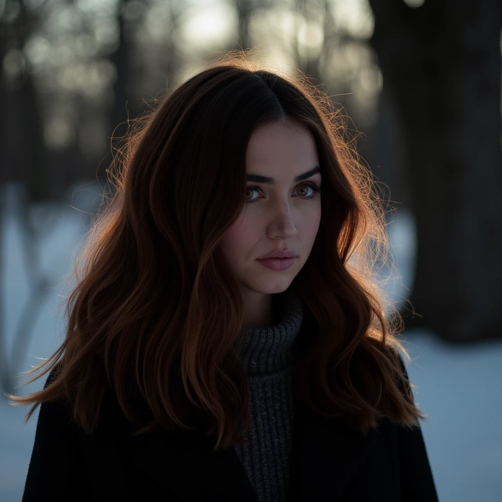 Instagram photo of a woman with freckles on her face in the winter outdoors silhouette illumination of her hair. Taken with a ProPhoto iPhone camera.  <lora:Ana_de_Armas_FLUX_v1-000061:1>