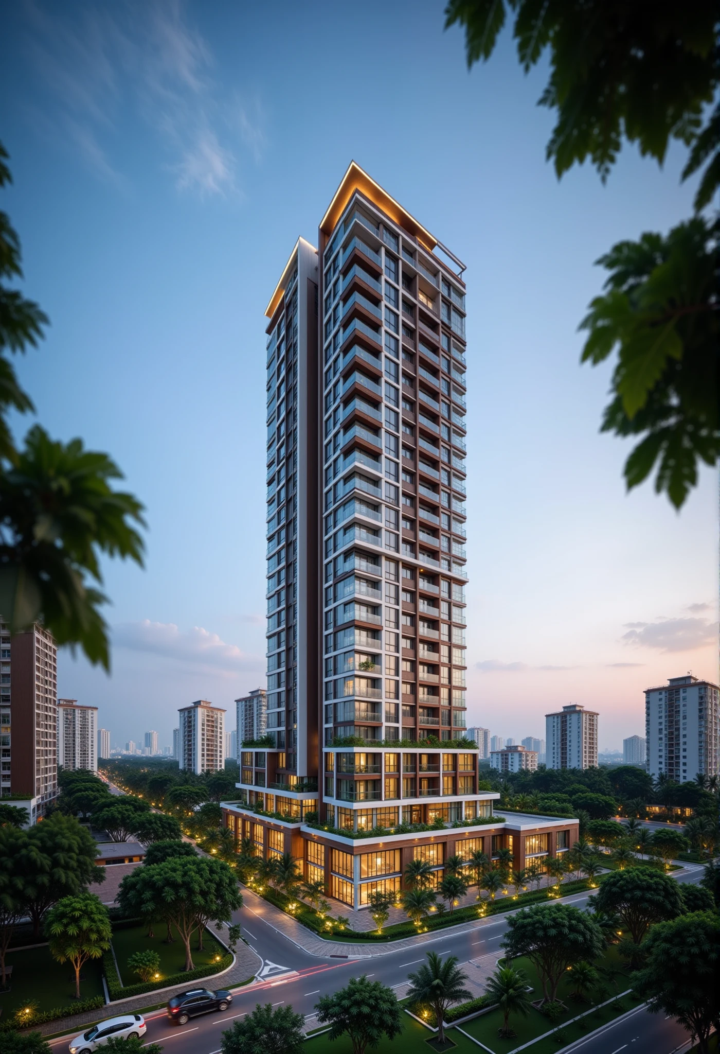 vrender,
photographic of 24-storey modern highrise apartment on city street, glass balcony, skycraper, building complex, 
scenery, motor vehicle, city, car, road, cityscape,
street view,
dusk, view from a leaf of tree, DOF, blur foreground,  