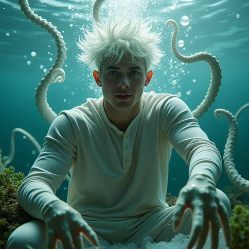 restrained, tentacles on male, sunlight, bubble, underwater, tentacles under clothes, 6+others, white slime, white hair, plant