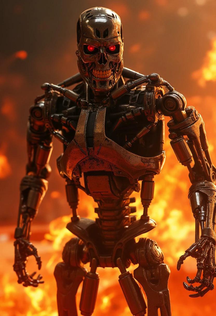 an upper body shot of a T800_Endo Terminator Robot with red eyes stands in a raging inferno of flames as he steps forth with menacing intent. He takes a fight stance ready to fight. Cinematic, photorealism, photorealistic