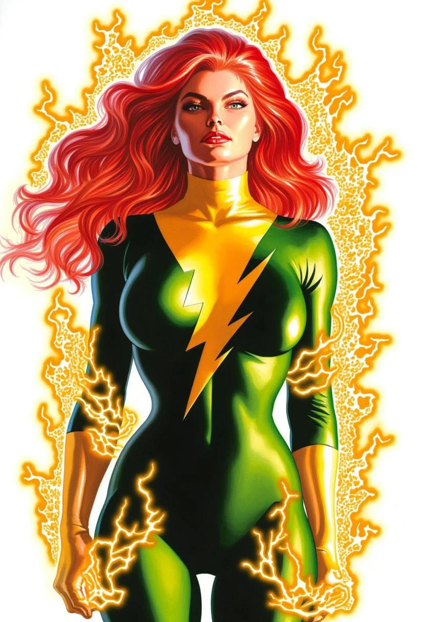 AlexRossstyle, comic book art, solo, portrait of the Jean Grey, Red hair, bodysuit