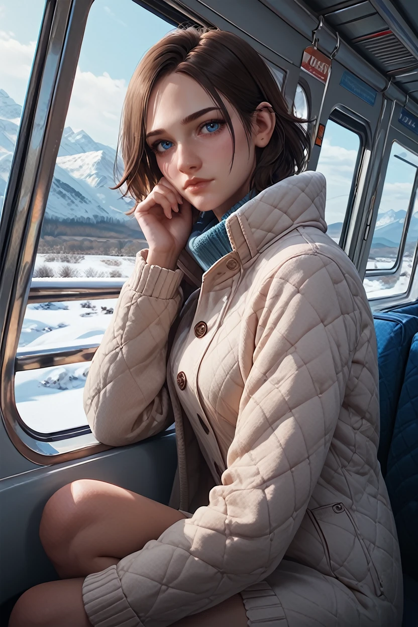 <lora:TEW2Juli:1.0>
TEW2Juli, 1girl, brown hair, blue eyes, looking at viewer, seated pose on a vintage train, looking out the window at a snow-covered landscape, soft and diffused winter light, nostalgic and peaceful feeling, score_9, score_8_up, score_7_up, score_6_up