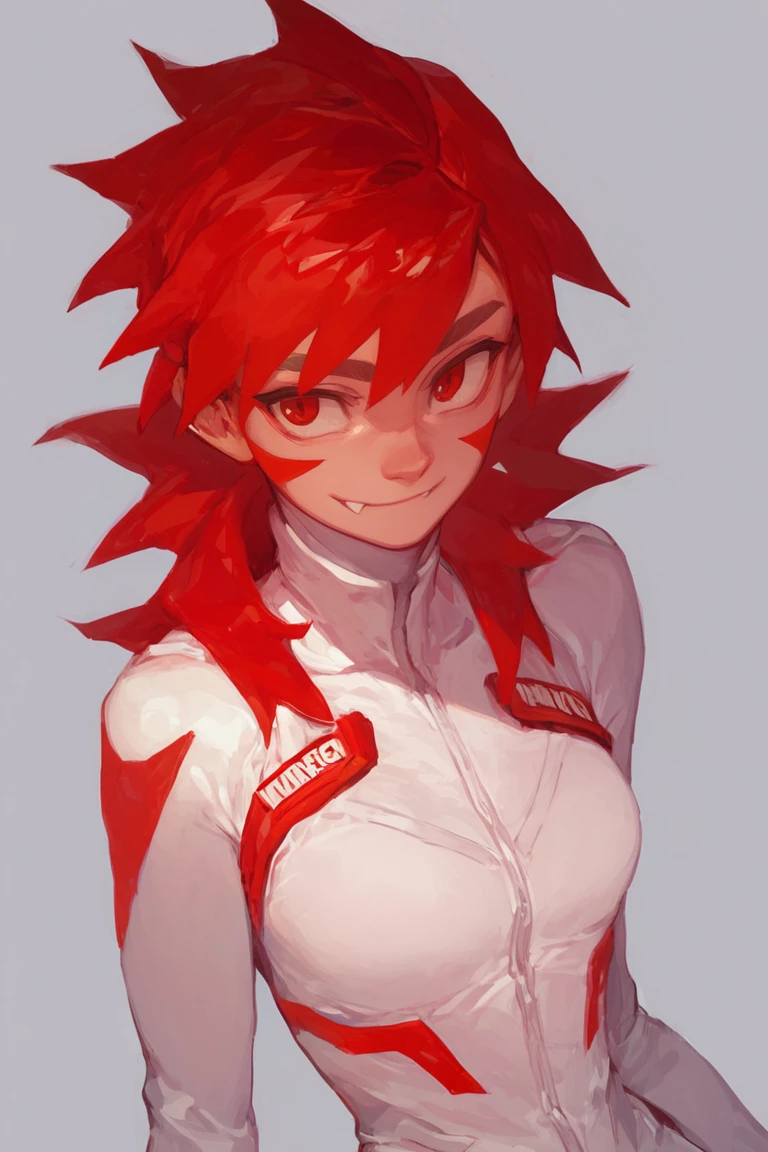 score_9, score_8_up, score_7_up, score_6_up, masterpiece, high quality, 1girl, red hair, bangs, sexy, solo, white jumpsuit, red markings, white bodysuit, skin tight, fang, smile
<lora:feason_style:1.0> feason style