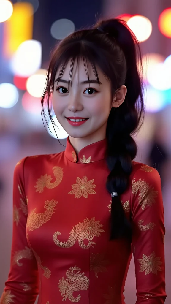 Portrait photo of miona_kokura, black high ponytail hair, wearing a red china dress with a dragon on it, standing on the cyberpunk city with neon lights flashing, looking at the camera, smiling