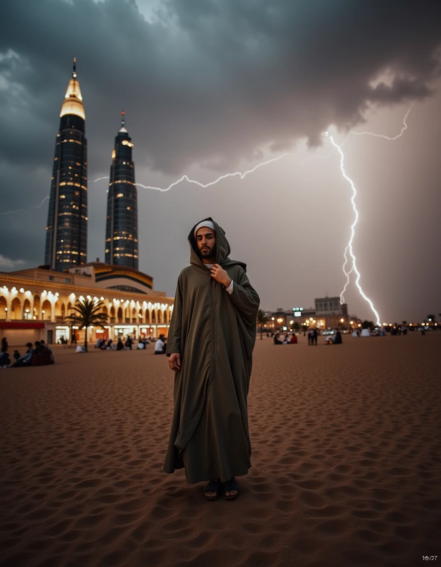 wearing djellaba, male, Cromulent [Skyscraper:Oracle cards:3], Hurricane, Very wide view, Cozy, Rule of Thirds, Rave Fashion, F/5, masculine, <lora:Jllaba_Flux:1> drr-jlb, inspired, ambient background, dynamic, detailed, romantic