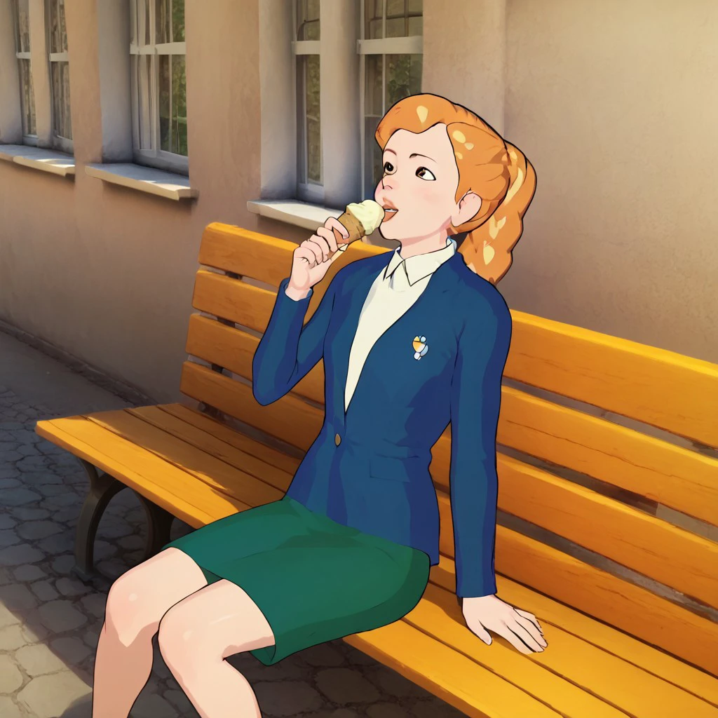 score_9, score_8_up, score_7_up, score_6_up, outside, on the street, sunny weather, cloudless, sitting on a bench, eating ice cream, adult body, 25 years old, ginger hair, long single braid, white collared shirt, women's blue top suit, long green skirt, blue women's shoes with low heels, slim body, small breasts, medium ass, brown eyes, red lips, beautiful five fingers on one hand, nice legs,