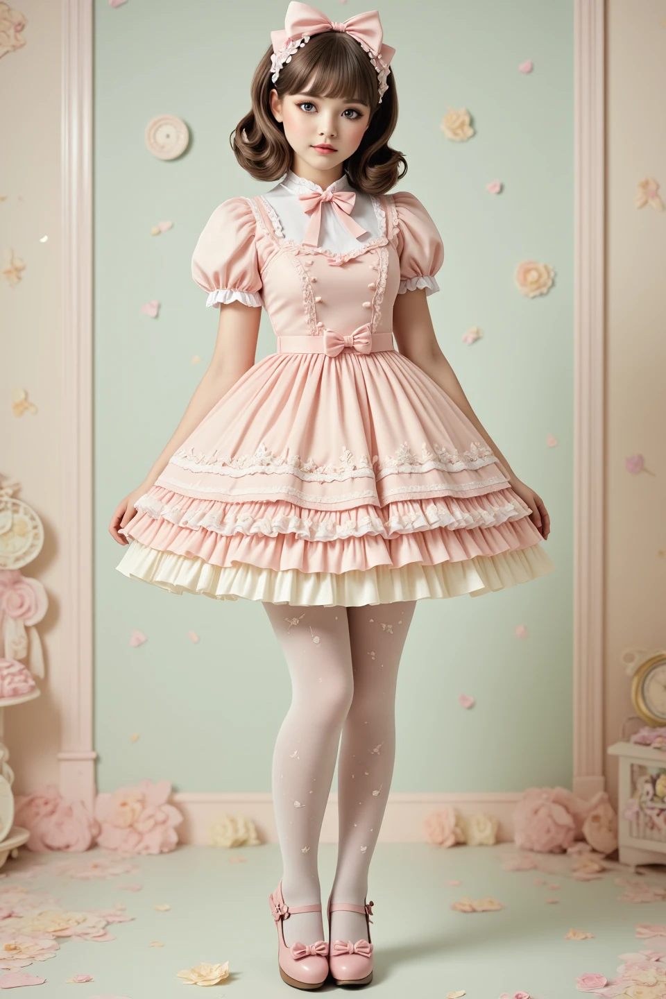 highly detailed (full body photograph) of a 18 year old young woman with large breasts and narrow waist, wearing a sweetegl dress, tights, mary jane heels, with intricate details and soft pastel colors, whimsical background  <lora:SweetLolitaFlux:0.8>