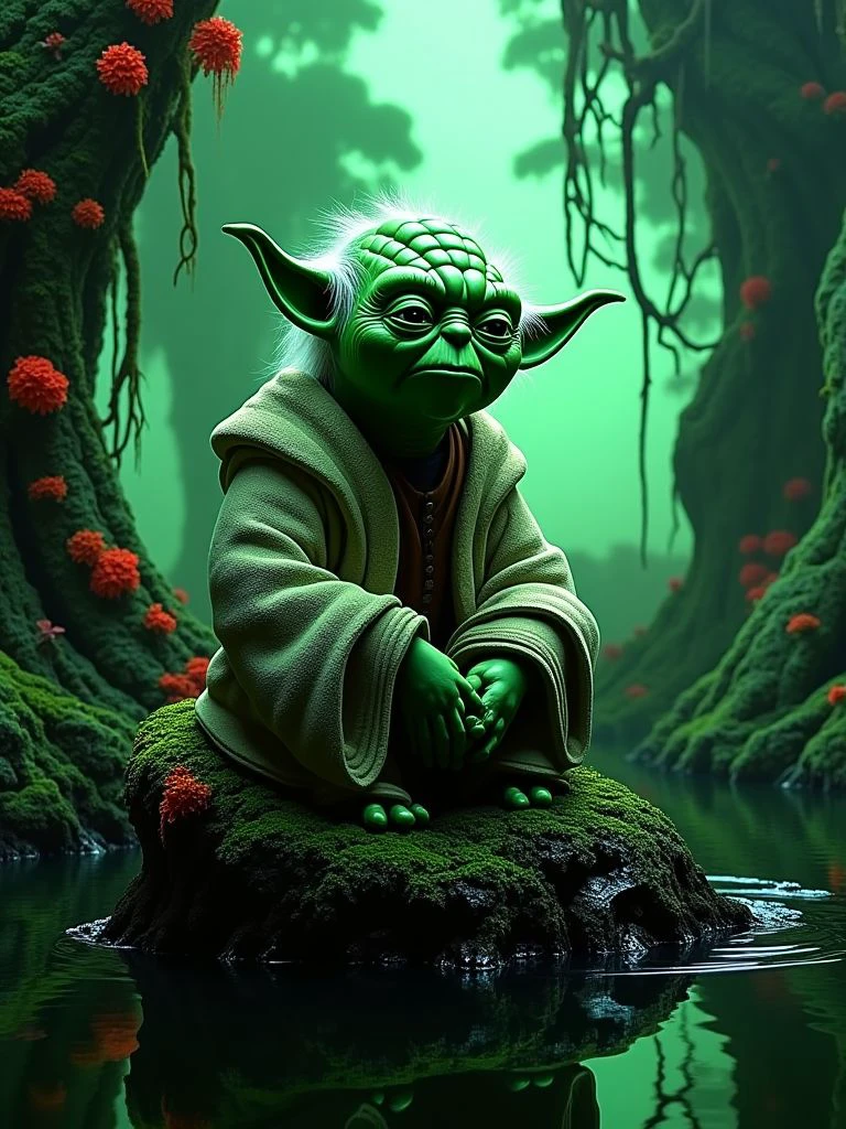 A close-up Master Yoda from the Star Wars universe sitting on a rock sticking out of the black water of a swamp, the highly detailed landscape surrounding it is covered in swamp thickets, fluorescent exotic plants and trees, their trunks overgrown with moss and patches of colorful lichens, and vines hanging from twisted branches. The breathtaking landscape is illuminated by the greenish moonlight, the intricate details of the trees and the surrounding landscape come alive with diffused lighting and muted colors, a mystical world full of wonder and mystery.
<lora:Dagobah_Land_Flux:1> dagobahlnd