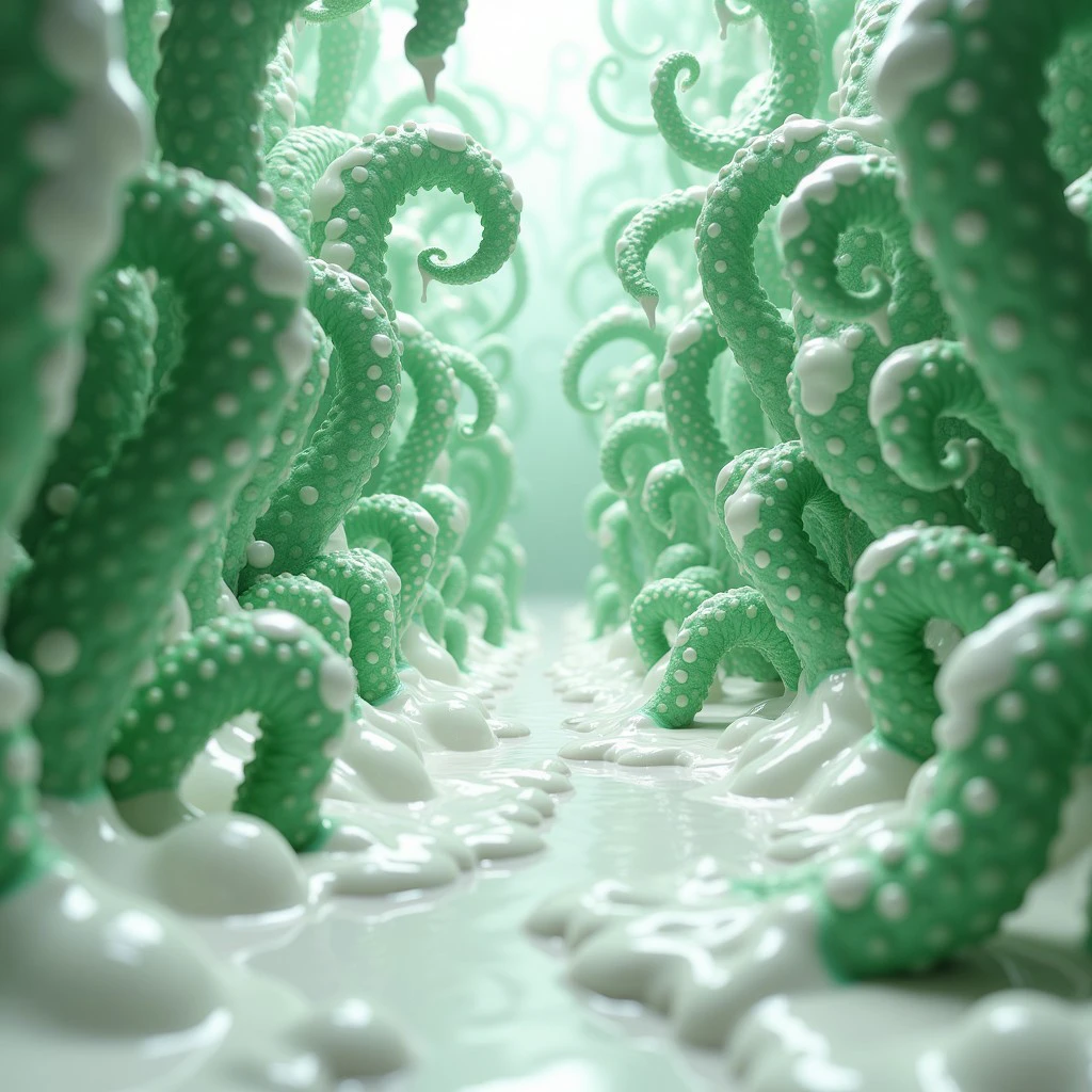 "Close view. A picture of a place filled with intense green fat plump tentacles with pallus-like ends like alien plants which meanders through a big hill of thick white slime. The intense green fat plump tentacles with pallus-like ends are thick and crowl into every edge of the image and burst out thick white slime. There is nothing but intense green fat plump tentacles with pallus-like ends and white thick slime. intense green fat plump tentacles are coming from the ceiling, too. The thick white slime is wild with waves and thick bubbles. Big white slime waves like a tsunami. Big white slime bubbles are floating in the air. The intense green fat plump tentacles are extreme thick and huge. The white slime looks like a white bubblebath. Some tentacle spit white slime out like a hose. Thick white slime makes big bulges and hills on the floor. Streams of thick creamy white slime are falling from the ceiling. Big splatters of thick white slime. The white mucus bubbles and bulges upwards.", bluetentws, (blender style), 3D, masterpiece