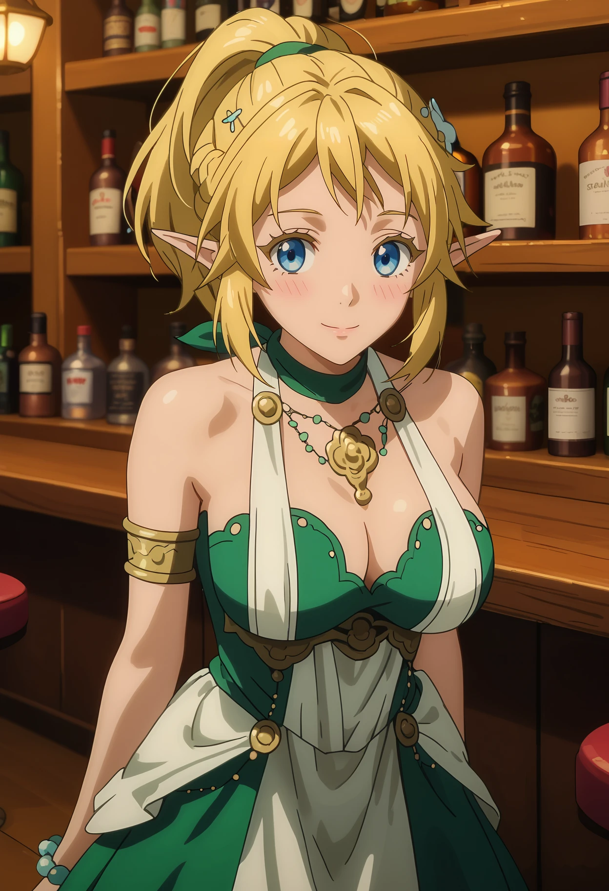 score_7_up, anime screencap,
<lora:TenSura_DwargonElf1XL:0.9>,
1girl, solo, closed mouth, light smile, blush,
ponytail, blonde hair, blue eyes, pointy ears, french braid, hair ornament,
DwargonElf1, green choker, necklace, multicolored dress, green dress, white dress, cleavage, underbust, armlet, bracelet,
standing, looking at viewer, thigh gap, cowboy shot, arms at sides,
blurry background, indoors, bar (place)