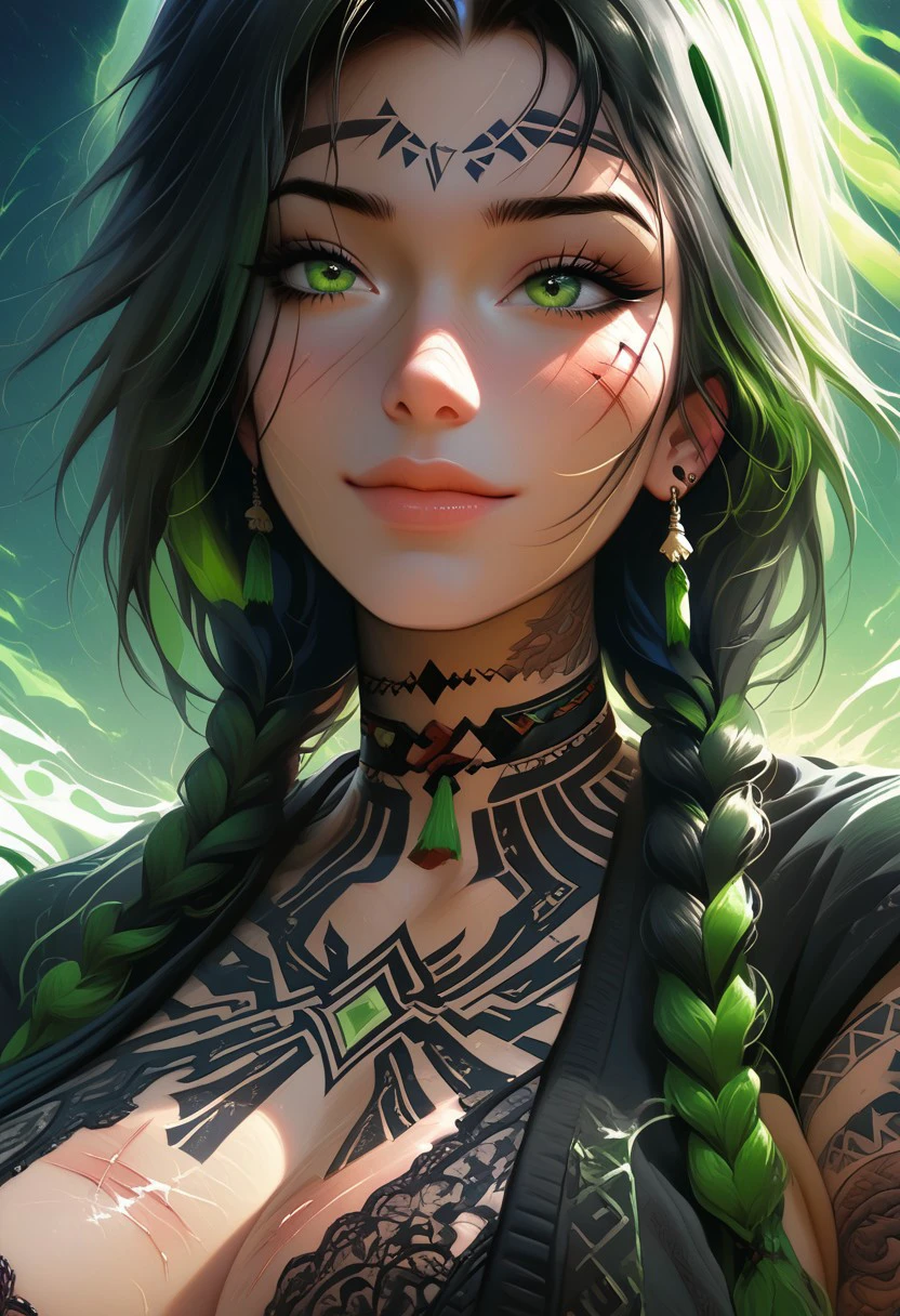 Score_9, score_8, high quality, masterpiece, beautiful, Aurora, tattoos, ombre haircolor, black and green hair, layered hair, scars, close up, perfect face, perfect body, large breasts, skimpy robe top, shy smile, full head visable,