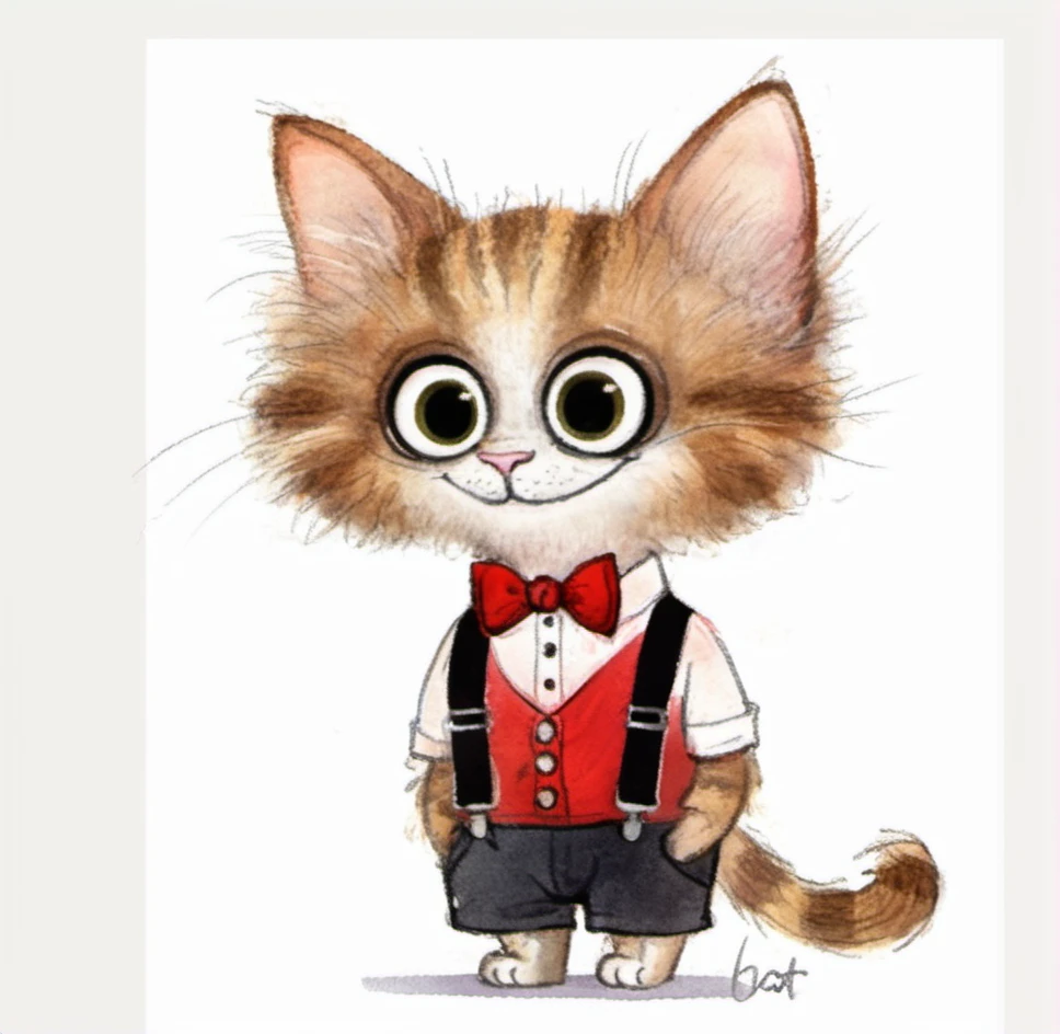 cat, anthropomorphic, cute, big eyes,  whiskers, fluffy, brown fur, wearing clothes, red shirt, black bow tie, suspenders, shorts, childrenâs illustration, watercolor, cartoon style, fantasy art, smiling, front view, standing, white background, drawn, hand-drawn, digital art, character design, playful. <lora:æ½¦è-000012:0.8>,