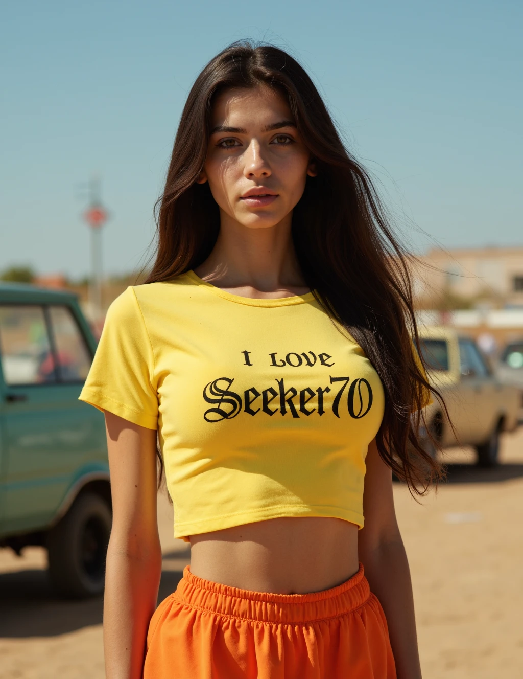 cinematic photo from the front of busty 18 year old Moroccan girl, (huge saggy breasts) stretching her shirt, wearing tight short sleeve yellow crop top with text in a gothic font reading ("I love Seeker70") and orange silk shorts, silky hair, light freckles, centered in the image, 1980's drive-in, retro, outdoor, bright sunny day at noon, (flared skater skirt), very detailed, petite body, shallow depth of field, gorgeous, narrow hips, slim petite body, average skin, (intricately detailed eyes), subsurface scattering