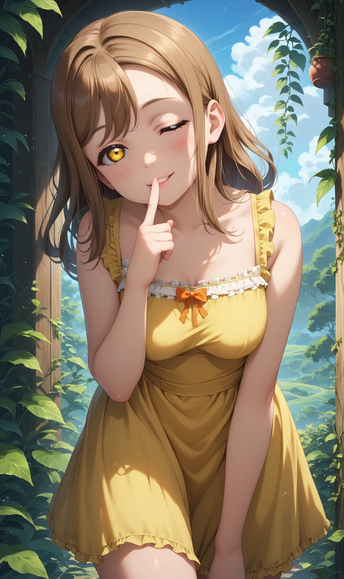 score_9, score_8_up, score_7_up, solo, 1girl, zuramaru, long hair, looking at viewer, medium breasts, 
yellow dress, blush, standing, leaning forward, seductive smile, one eye closed, parted lips, half-closed eyes,
(thighs), cowboy shot, outdoors, greenery, sky, finger to mouth,
<lora:zuramaru-04:1>