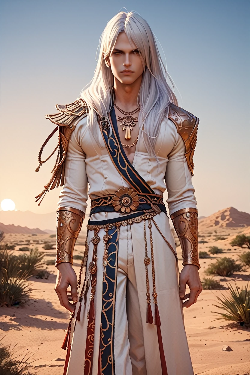 score_9, score_8_up, score_7_up, score_6_up
<lora:LAKadan:1.0>
LAKadan, 1boy, white hair, long hair, looking at viewer, wearing traditional Arabic clothing, standing in a desert with dunes in the background, golden sands, intense gaze, sunset light casting long shadows