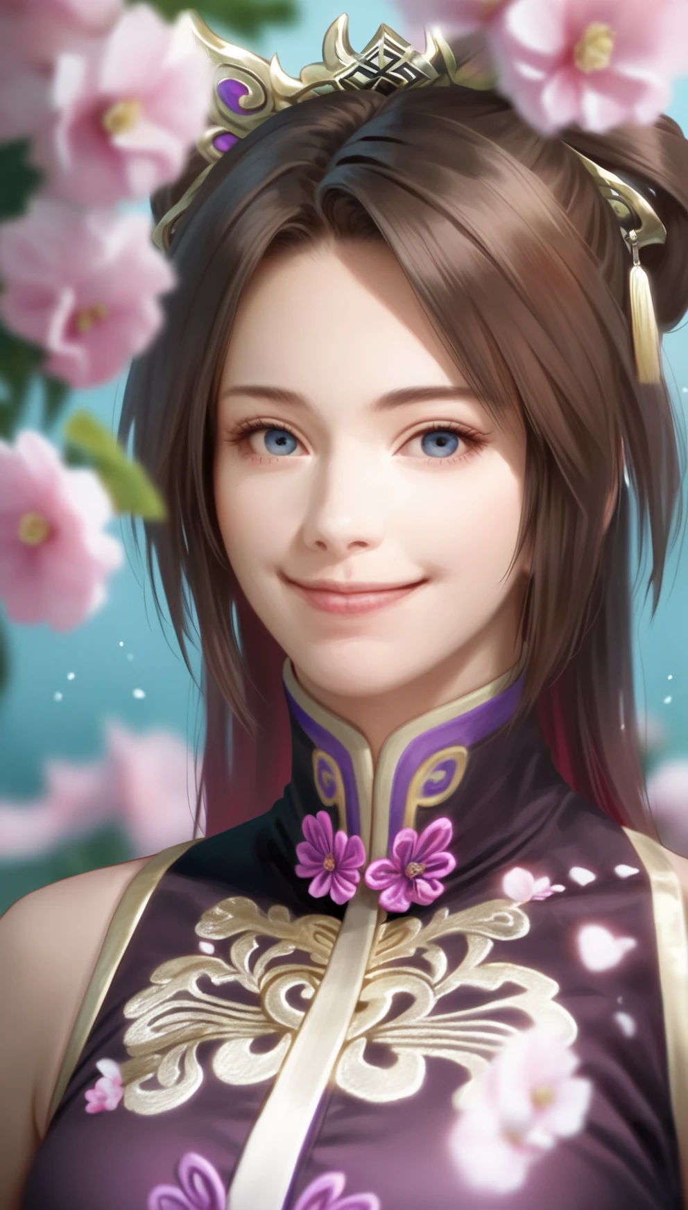 score_9,score_8_up,score_7_up,
<lora:diaochan:0.9>,
diaochan,
highres,photorealism,Cinematic Lighting,(bloom:1.2),
1girl,solo,brown hair,long hair,bangs,
blue eyes,looking at viewer,smile,
purple top with gold embellishments and tassel,
portrait,face focus,facing aside,
blurry background,outdoors,flowers in background,clear water,light particles,