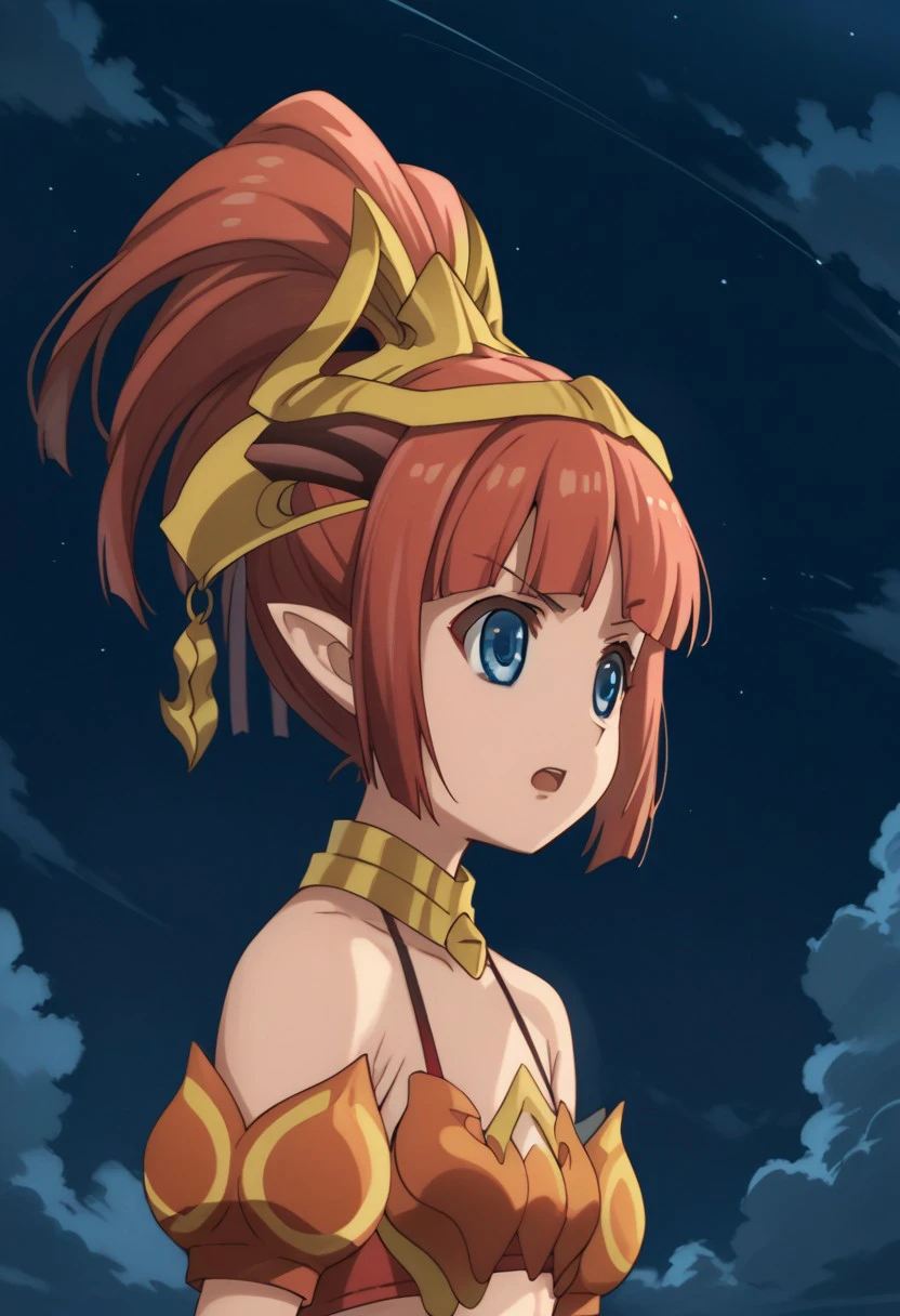 score 9, score 8 up, score 7 up, mondaiji-sandora, mondaiji-tachi ga isekai kara kuru sou desu yo, 1girl, solo, pointy ears, blue eyes, open mouth, red hair, anime coloring, ponytail, night, cloud, bare shoulders, upper body, sky, bangs