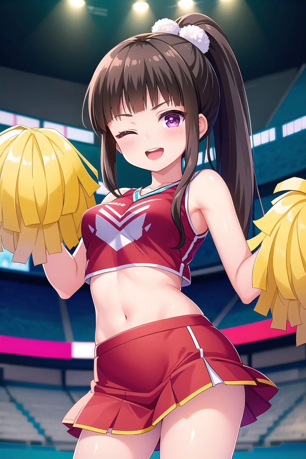 (masterpiece, best quality), highly detailed background, perfect lightingbest quality, shiranuiisuzu, solo, outdoors, stadium, cheerleader, black hair, ponytail, blunt bangs, very long hair, one eye closed, purple eyes, medium breasts, red shirt, crop top, sleeveless shirt, pom pom \(cheerleading\), red skirt, miniskirt, smile, open mouth, ;d, pink lips, <lora:Shiranui-Isuzu-2-05:0.7>