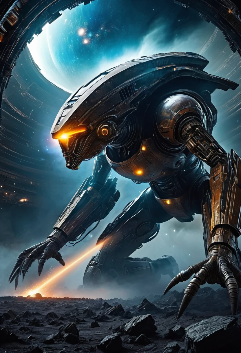 Midjourney, Midjourney style, Super HD, hyperquality, hyper-realistic, best quality,masterpiece,absurd,solo,giant alien military galactic destroyer in outer space destroys planet,worm metal,rust,corrosion,complex and intricate design,huge guns,blasters,panels,large engines,windows,antennas,solid construction,detailed reflections,glow,energy sparks,laser beams,explosives,molten rock,planet crack,asteroids,cosmic dust,nebula,black hole,majesty,eerie fog,foggy,strong light beams,surreal and dystopian,post-apocalyptic,science fiction