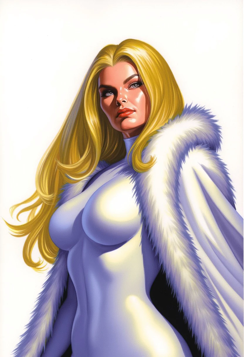 AlexRossstyle, comic book art, solo, portrait of Emma Frost, blonde hair, busty, fur robe