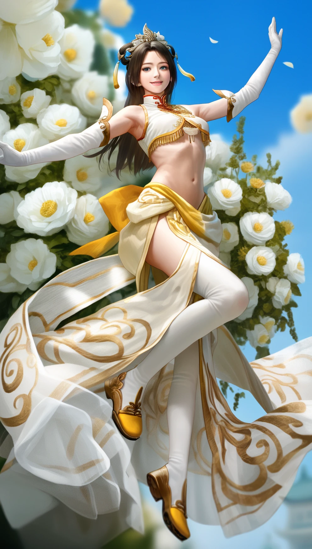 score_9,score_8_up,score_7_up,
<lora:diaochan:0.9>,
diaochan,
highres,photorealism,Cinematic Lighting,bloom,
1girl,solo,brown hair,long hair,bangs,
blue eyes,looking at viewer,smile,
white ornate headdress with intricate designs and a gemstone centerpiece,white tassel,white top with gold embellishments and tassel,white detached sleeves,white gloves,white sheer wrap skirt,white thigh socks,yellow embroidery shoes,
(dancing:1.2),from below,
blurry background,outdoors,courtyard,flowers in background,blue sky,