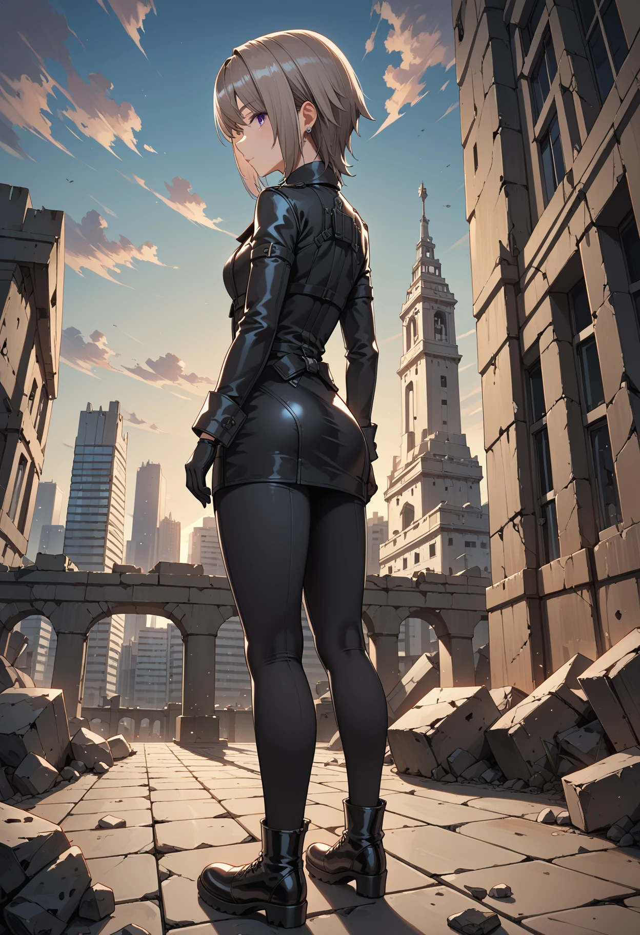 (score_9,score_8_up,score_7_up,source_anime,(masterpiece:1.2),best quality,very aesthetic,absurdres),intricate details,rim light,1girl,<lora:mira_p_v1.1:1>,mira,short hair,purple eyes,trench_coat,tight_pants,leather_boots,dusk,rubble_ruins,tower,Skyscraper,city,cinematic_angle,dynamic_angle,from_back,profile,looking_up,looking_afar,, masterpiece,best quality, very aesthetic, absurdres, ultra detailed, high resolution, 4k, extremely detailed CG,