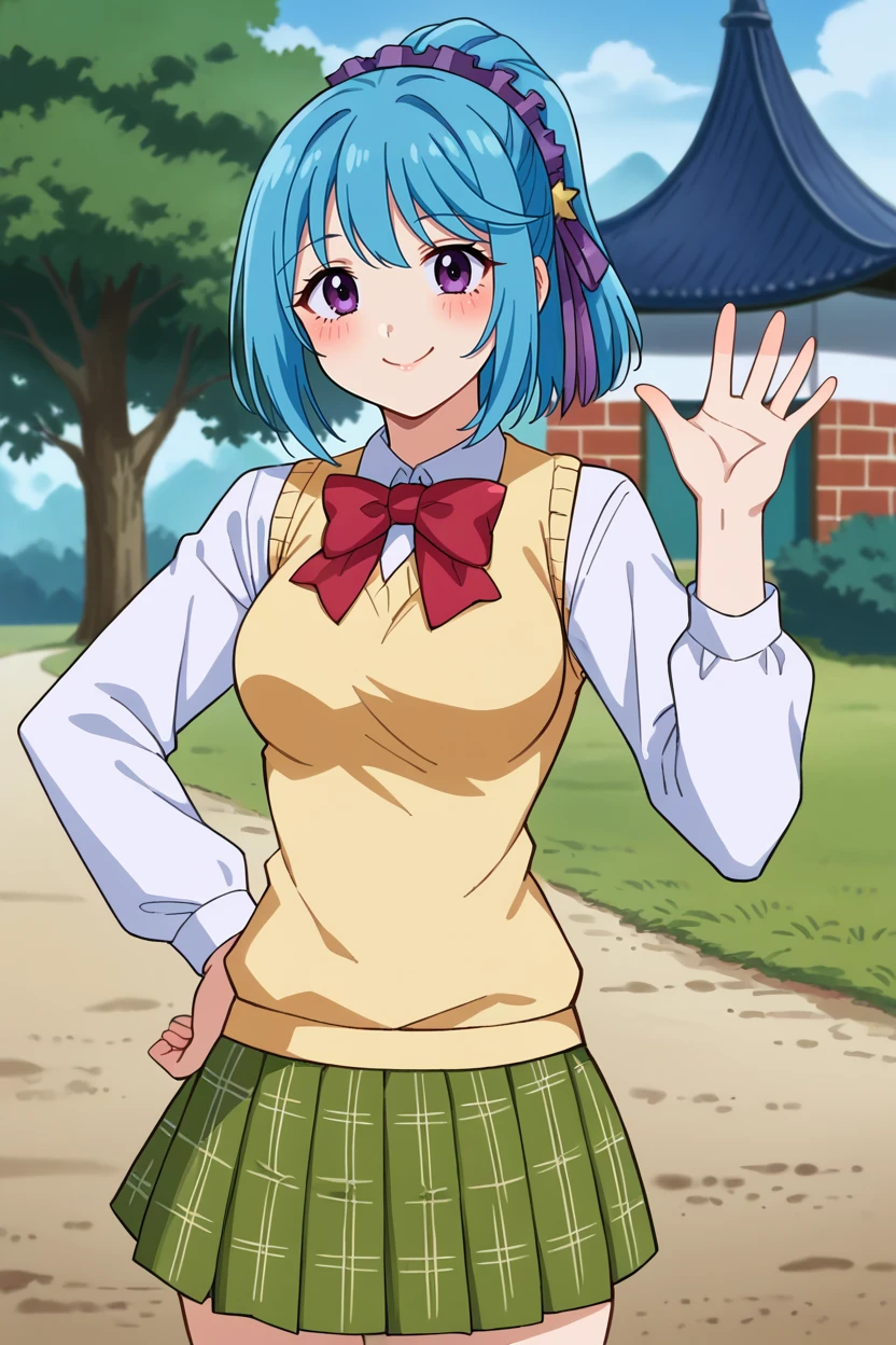 score_9,score_8_up,score_7_up,score_6_up, BREAK kurumu, 1girl, blue hair, purple eyes, solo,looking at viewer,school uniform,upper body, yellow sweater vest, white collared shirt, red bowtie, green plaid skirt,smile,waving,hand on hip,purple headdress, star \(symbol\),long sleeves,ponytail,short hair,mount paozu, grandpa house, red house, blue roof,green door, outdoors, nature, purple hair  ribbon,short skirt,brick house,medium breasts,closed mouth,blush,dirt road, grass, bush,east asian architecture,    <lora:KurumuPony:1> <lora:MountPaozuPony:1>