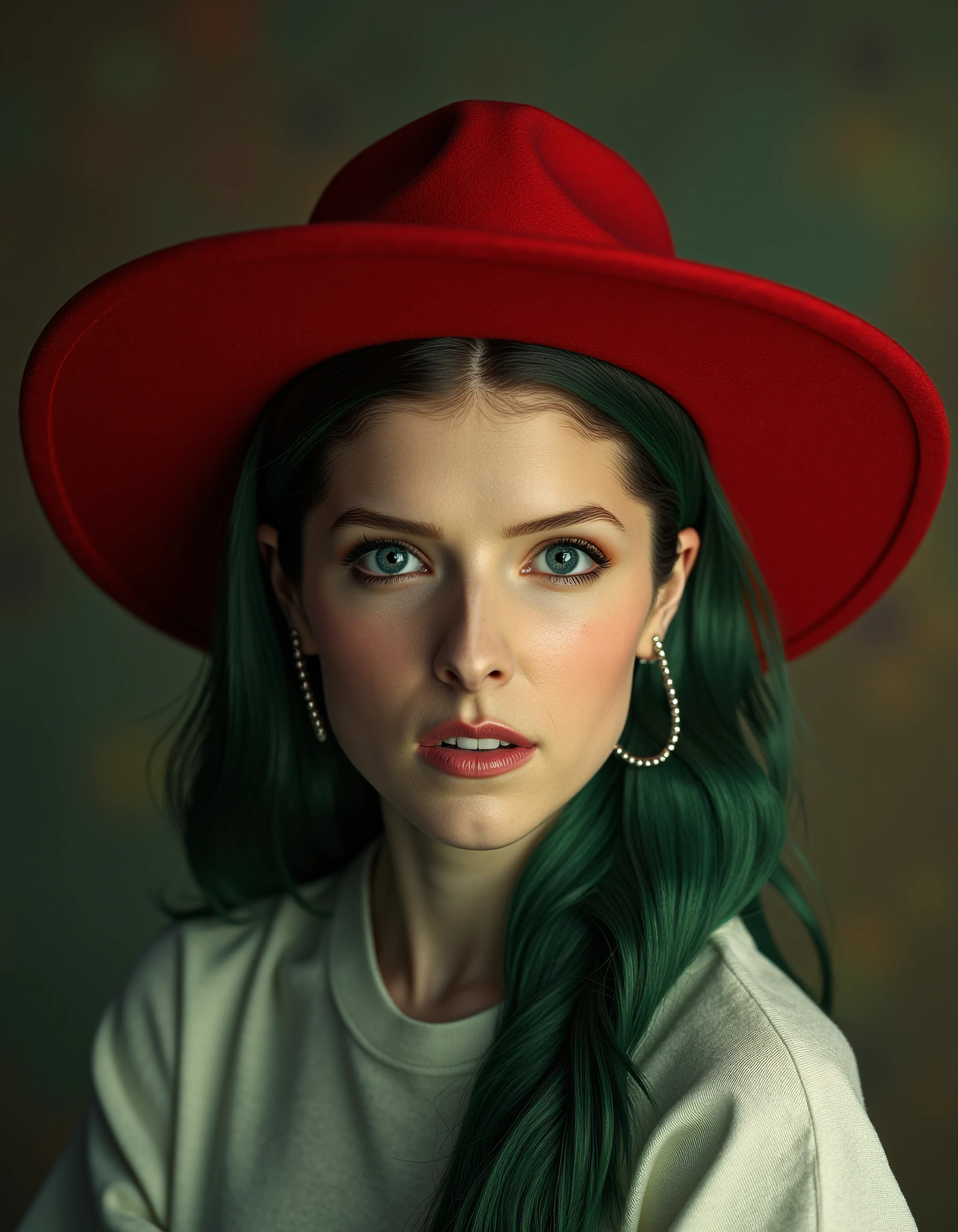 Cyborg red hat with green and red-haired cybernetic eyes