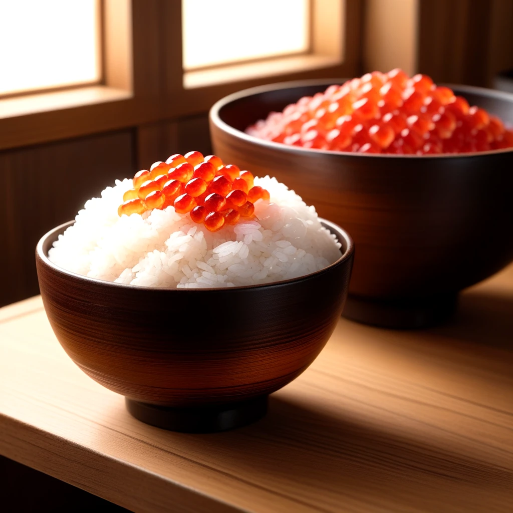 food, indoors, blurry, no humans, food focus, still life, rice bowl, wooden table, transparent roe, realistic, cinematic lighting <lora:fish_roe_SDXL:0.5>